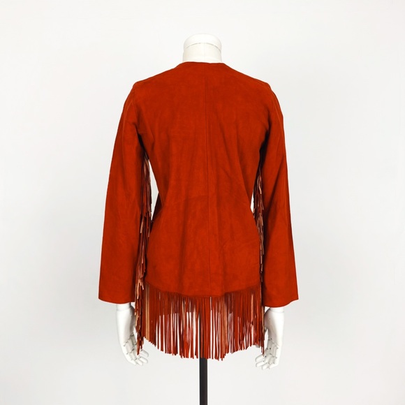 Vintage 90’s Fringe Trimmed Genuine Suede Leather Jacket in Mandarin Red Size 2 - Picture 4 of 10